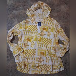 Jane & Delancey Tropical Vacation Yellow Brown Patterned Linen Hooded Tunic NWT